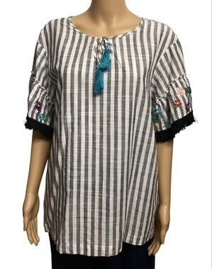 Rafaella Striped Embroidered Tassel Blouse – Boho Floral Sleeve Top size size L